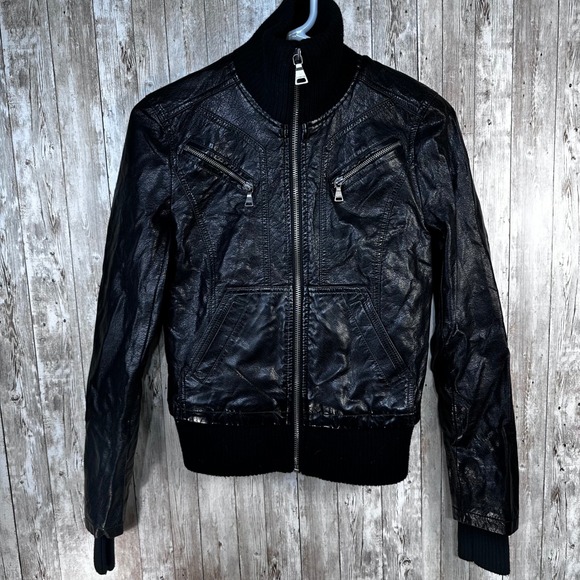 Express Faux Leather Knit Mock Collar Moto Biker Jacket Black- Women's size XS - Picture 1 of 7